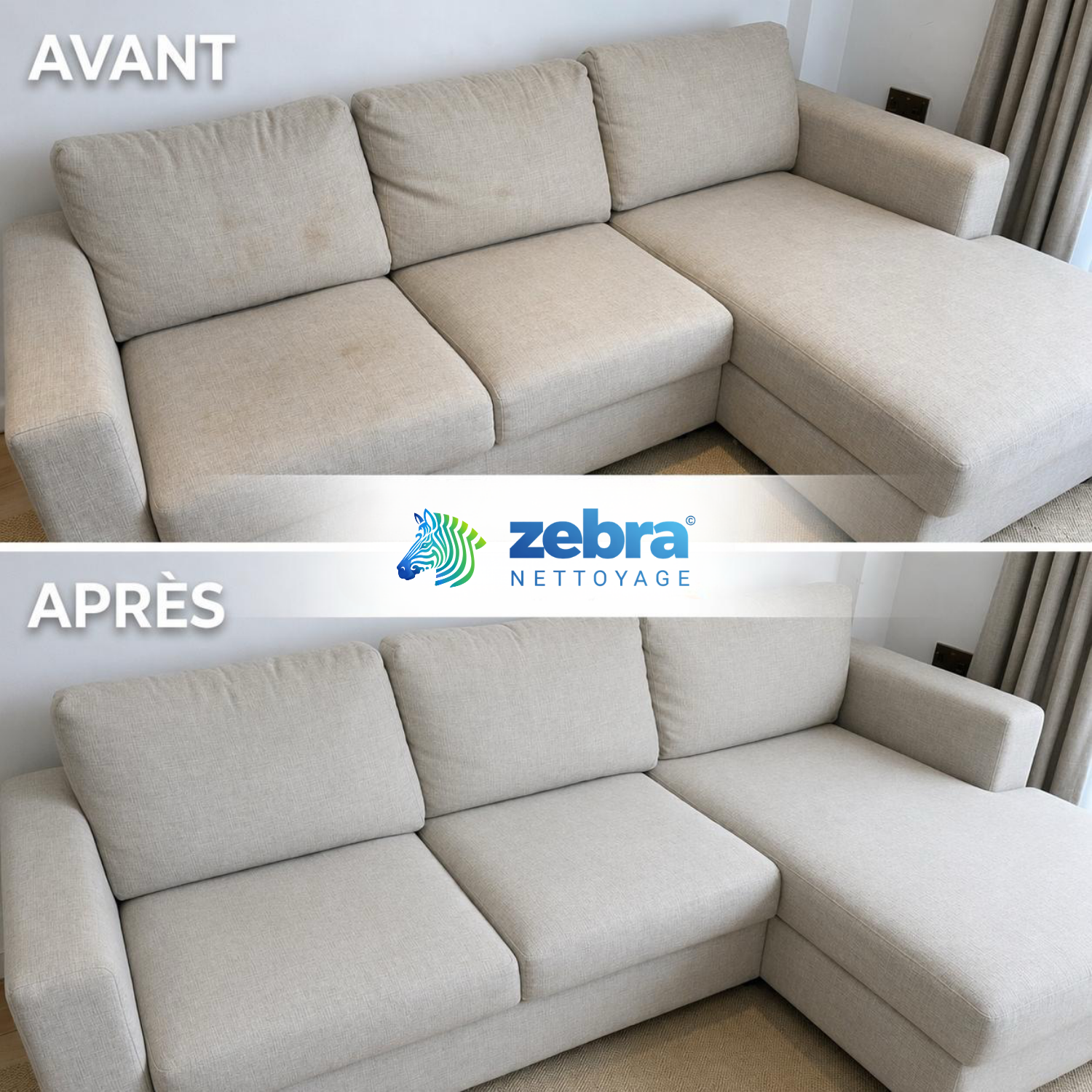 Nettoyage canapé avant après Zebra Nettoyage dans l'Oise et le Val d'Oise