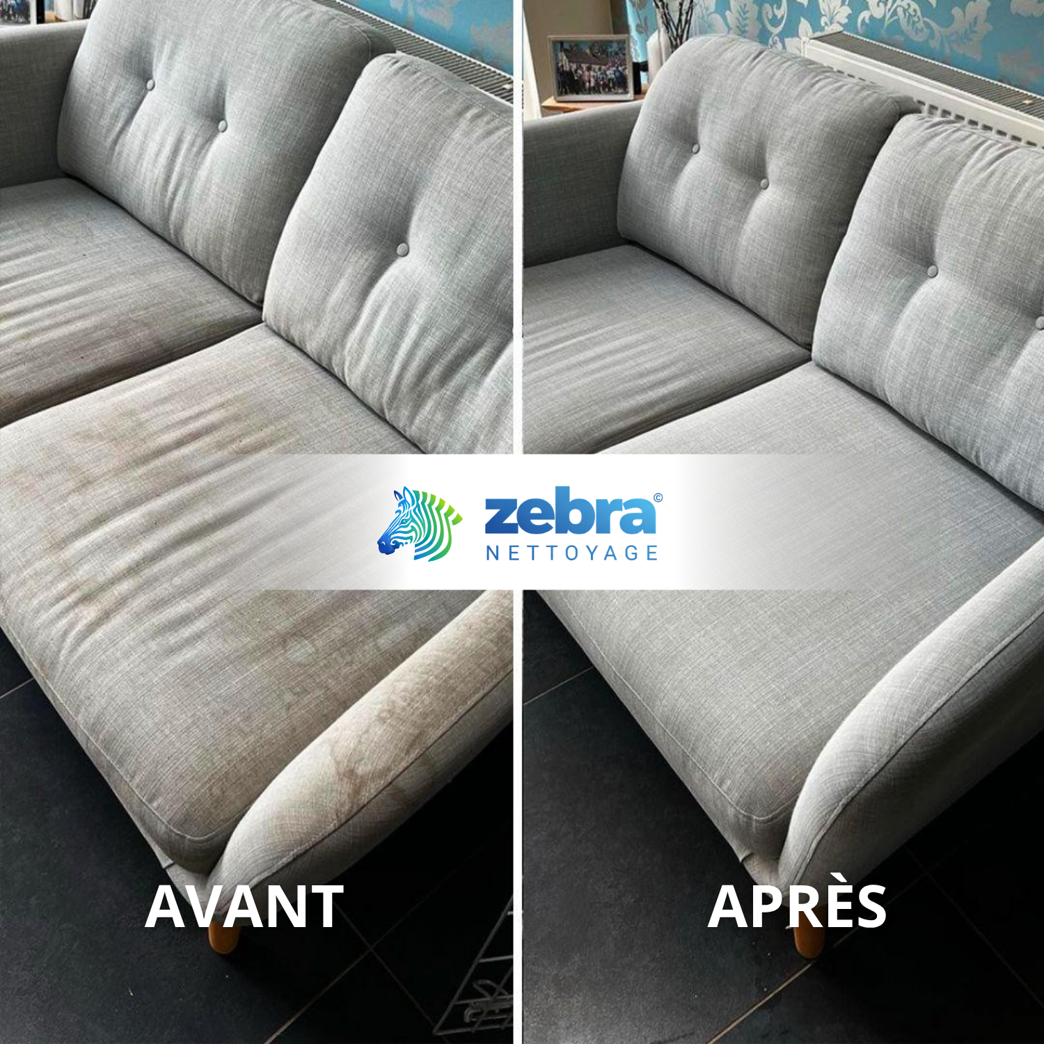 Nettoyage canapé avant après Zebra Nettoyage dans l'Oise et le Val d'Oise